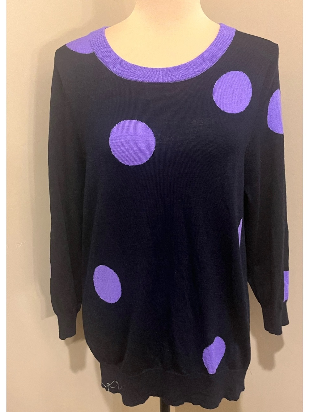 J. Crew Black Sweater with Lavender Polka Dots & Trim, size XL